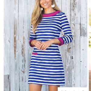 Cabana Watercolor Stripe Blue Pink Shift Dress UPF+ 50 Stretchy large